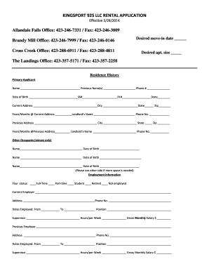Kingsport 925 LLC Rental Application
