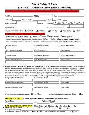 Biloxi Public Schools Student Information Sheet