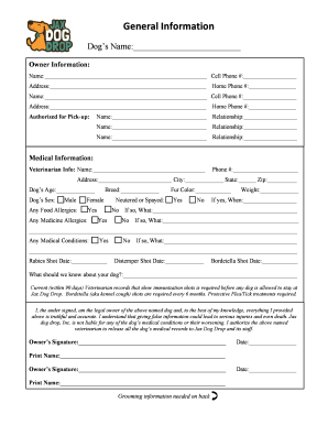 Dog Boarding and Grooming Information Form