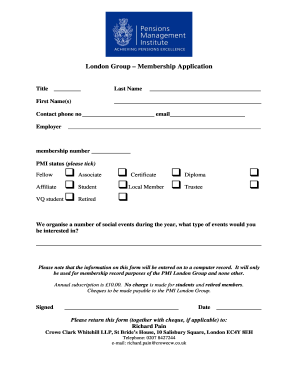 Fillable Online PMI London Group Application Form update Fax Email ...