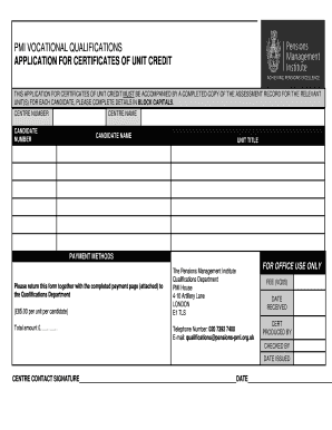 PMI Vocational Qualifications Application for Unit Credit
