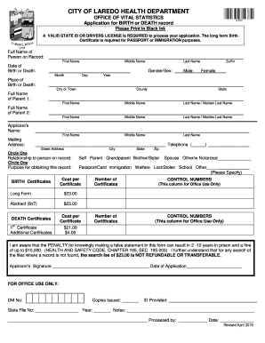 City of Laredo Birth or Death Record Application