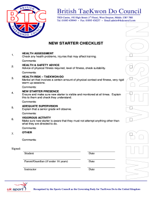 British Taekwondo Council New Starter Checklist