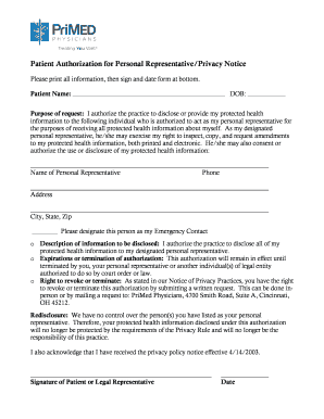 Patient Authorization for Personal Representative