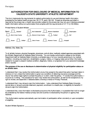 Authorization for Disclosure of Medical Information to Valdosta State University Athletic Department