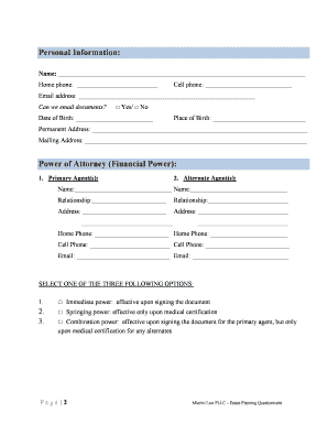 Estate Planning Questionnaire for College Student