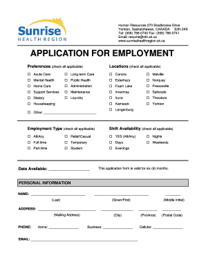 Sunrise Health Region Employment Application