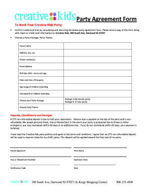 Creative Kids Party Agreement Form