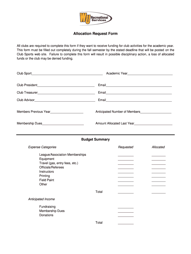 Fillable Online winthrop Allocation Request Form Winthrop University