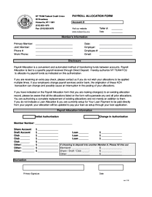 NY Team Federal Credit Union Payroll Allocation Form