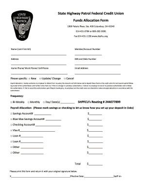 State Highway Patrol Federal Credit Union Funds Allocation Form