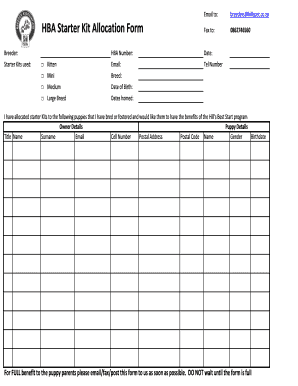 Hill's Best Start Program Starter Kit Allocation Form