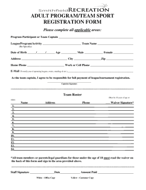 Adult Program Team Sport Registration Form