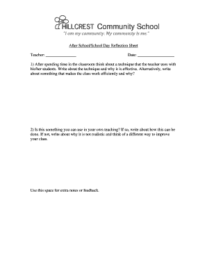 After School Reflection Sheet