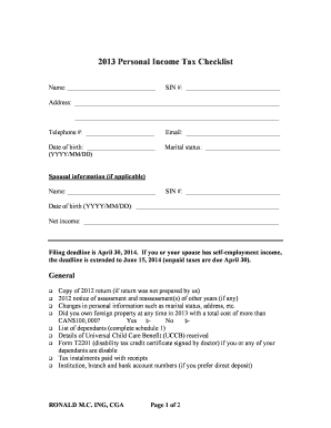 2013 Canada Personal Income Tax Checklist