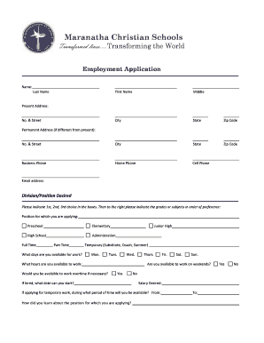 Maranatha Christian Schools Employment Application