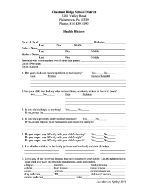 Student Health History Form