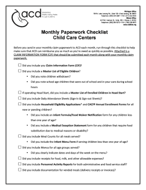 Child Care Center Monthly Paperwork Checklist