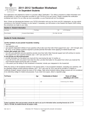 2011-2012 Verification Worksheet for Dependent Students