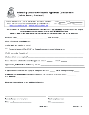 Orthopedic Appliance Questionnaire