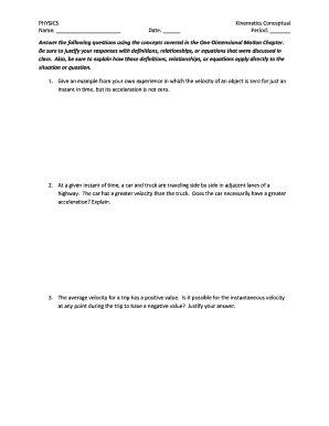 Physics Kinematics Conceptual Worksheet