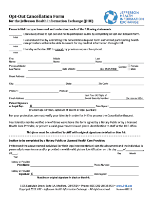 Opt-Out Cancellation Form for Jefferson Health Information Exchange