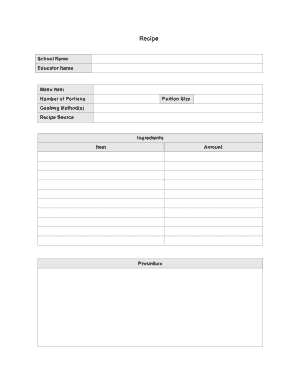 School Food Menu Recipe Form