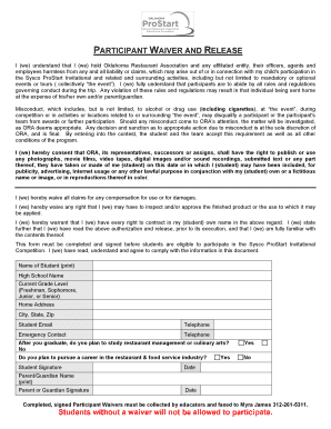 Participant Waiver and Release for Sysco ProStart Invitational