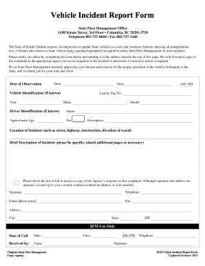 South Carolina Vehicle Incident Report Form