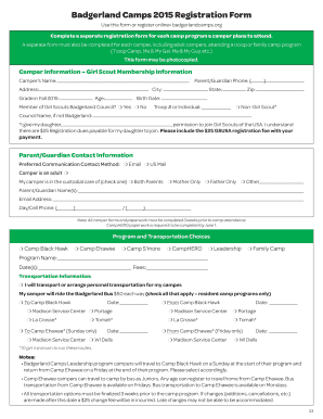 Girl Scouts Badgerland Camps 2015 Registration Form