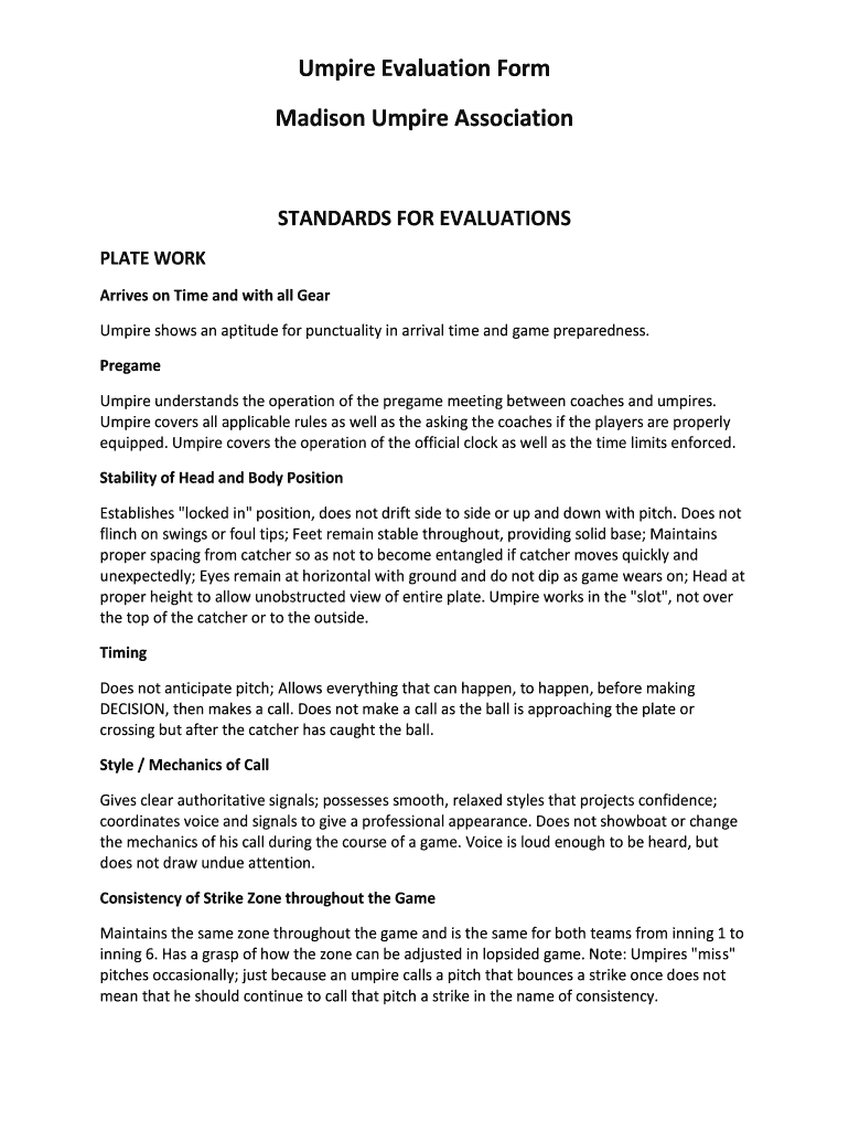 Fillable Online madisonbaseball Umpire Evaluation Form Madison Umpire