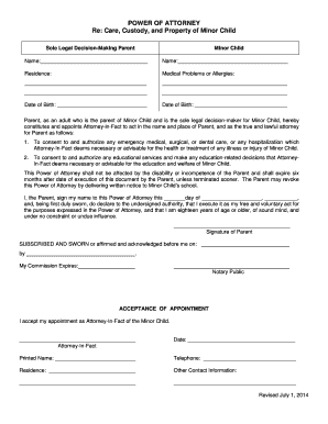 Power of Attorney for Minor Child Care