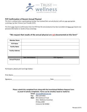 PCP Annual Physical Confirmation Form