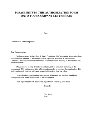 PLEASE RETYPE THIS AUTHORIZATION FORM ONTO YOUR COMPANY LETTERHEAD Date: Our television cable company is: Dear Representative: We have retained the firm Troy &amp