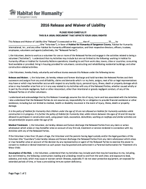 2016 Habitat for Humanity Volunteer Waiver