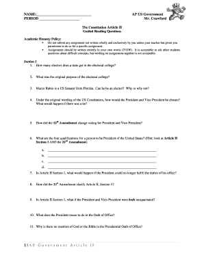 US Constitution Article II Guided Reading Questions