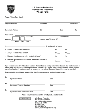 US Soccer Federation International Clearance Waiver Form