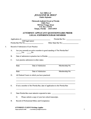 Florida Attorney Applicant Questionnaire