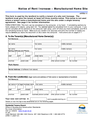 Notice of Rent Increase – Manufactured Home Site