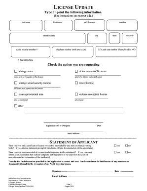 North Carolina License Update Form
