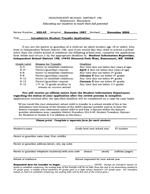 Intradistrict Student Transfer Application