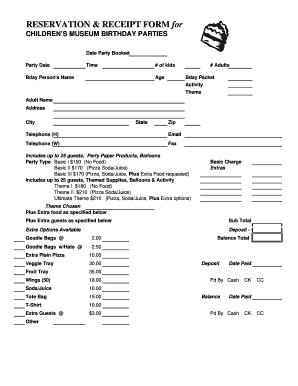 Children's Museum Birthday Party Reservation Form