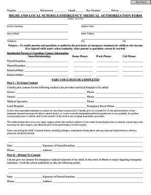 Highland Local Schools Emergency Medical Authorization Form