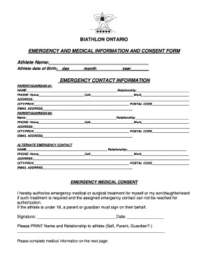 Biathlon Ontario Emergency and Medical Consent Form