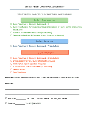 Home Health Care Initial Claim Checklist