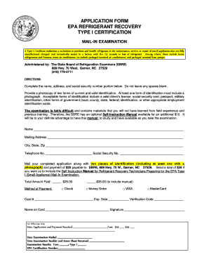 EPA Refrigerant Recovery Type I Certification Application
