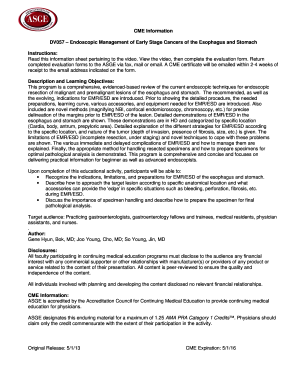 Endoscopic Management of Early Stage Cancers Evaluation Form