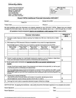 Parent FAFSA Additional Financial Information 2016-2017