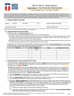 2013-2014 Dependent Aggregate Verification Worksheet