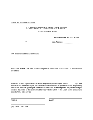 US Federal Civil Case Summons